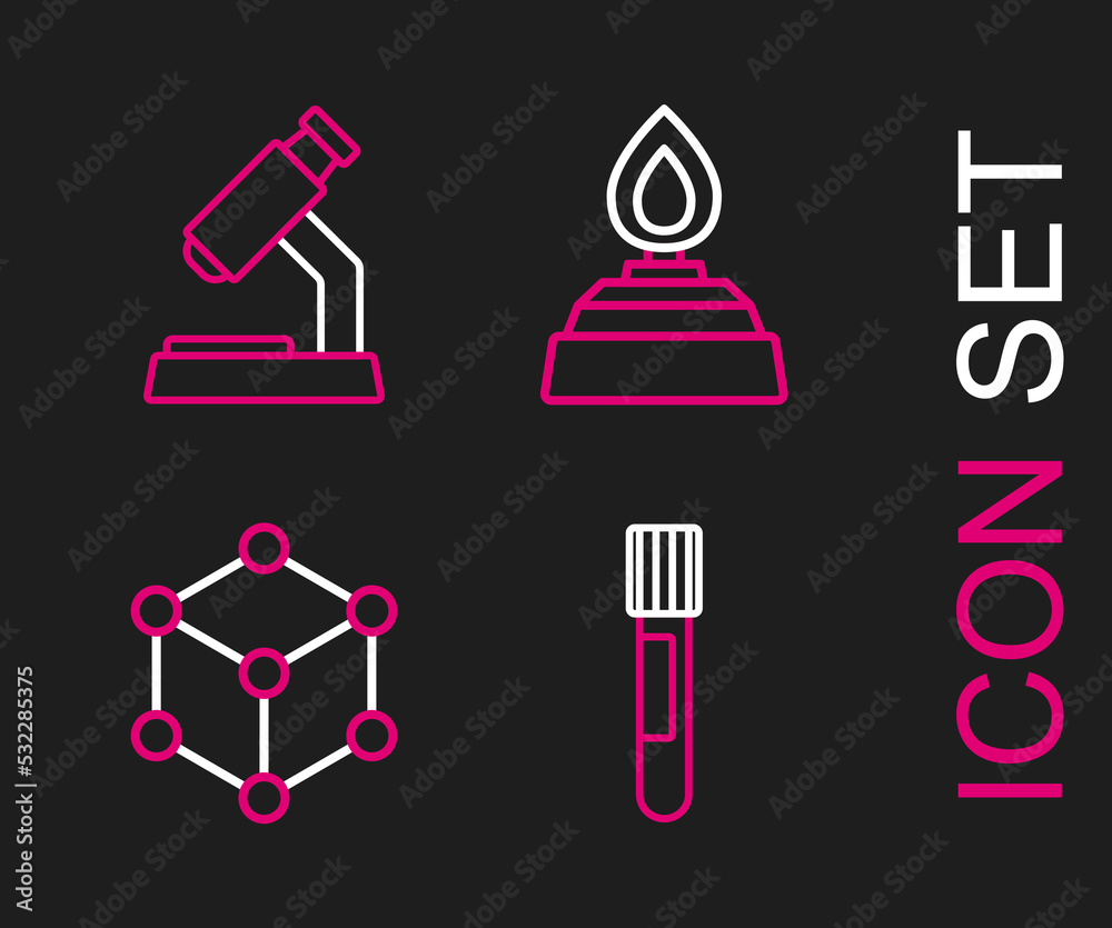 Set line Test tube, Molecule, Alcohol or spirit burner and Microscope icon. Vector Set line Test tube, Molecule, Alcohol or spirit burner and Microscope icon. Vector