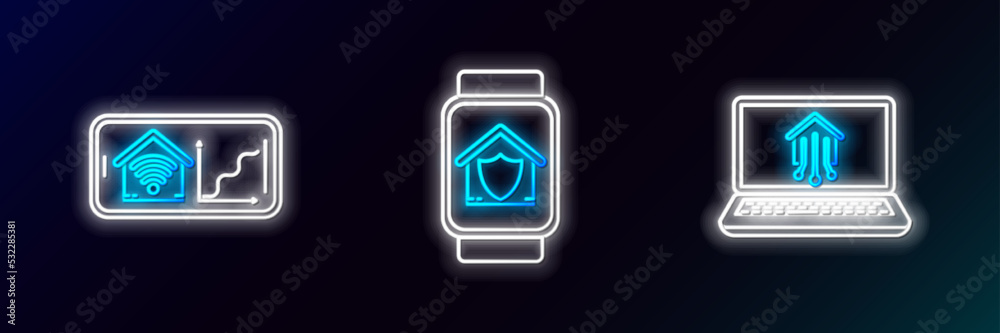 Set line Laptop with smart home, Mobile phone wi-fi and Smart watch house under protection icon. Glowing neon. Vector Set line Laptop with smart home, Mobile phone wi-fi and Smart watch house under protection icon. Glowing neon. Vector