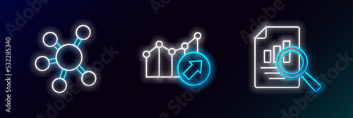 Set line Document with graph chart, Project team base and Financial growth icon. Glowing neon. Vector