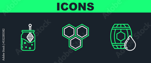 Set line Wooden barrel with honey, Jar of and dipper stick and Honeycomb icon. Vector