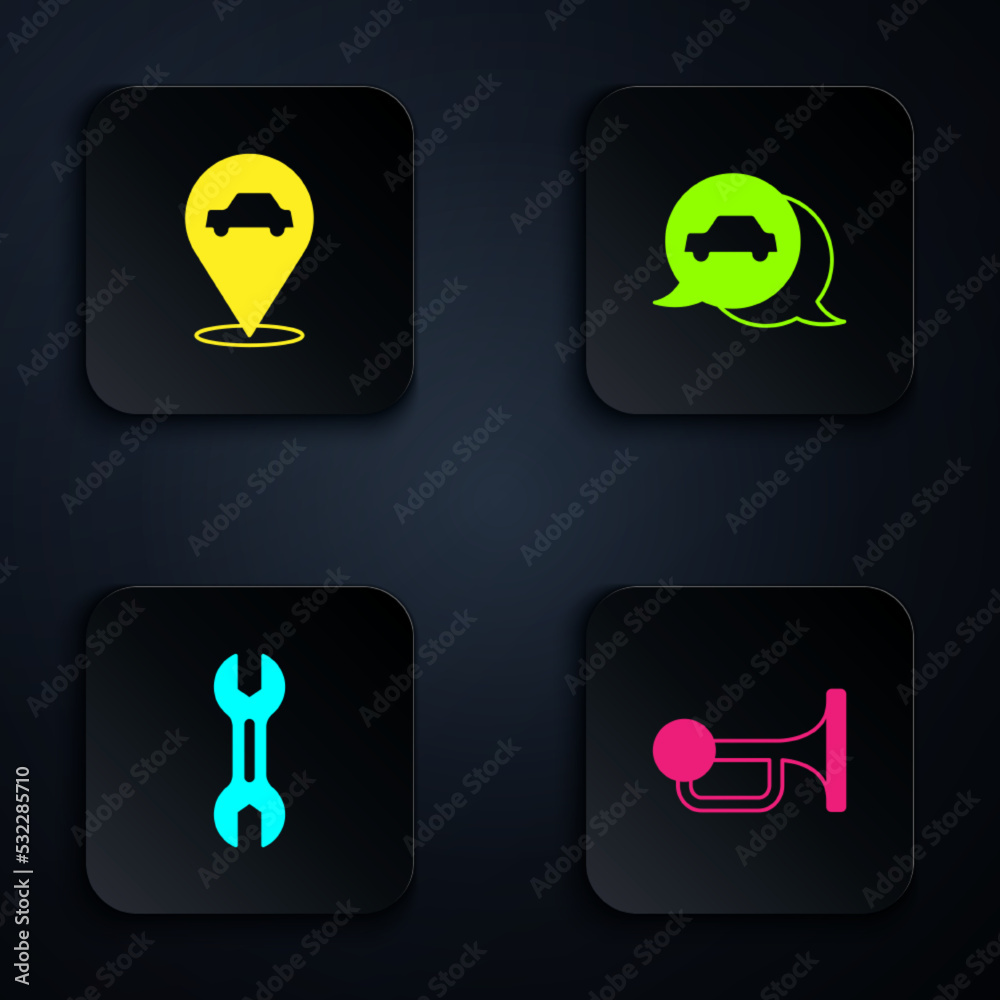 Set Signal horn on vehicle, Location with car service, Wrench spanner and Car. Black square button. Vector Set Signal horn on vehicle, Location with car service, Wrench spanner and Car. Black square button. Vector