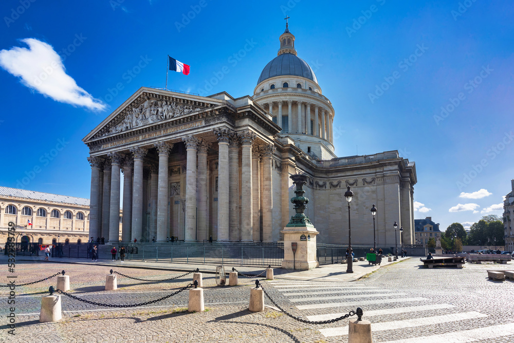 Beautiful architecture of Pantheon in Paris with a sign Aux grands hommes la partie reconnaissante (eng. Great men the grateful country) . France