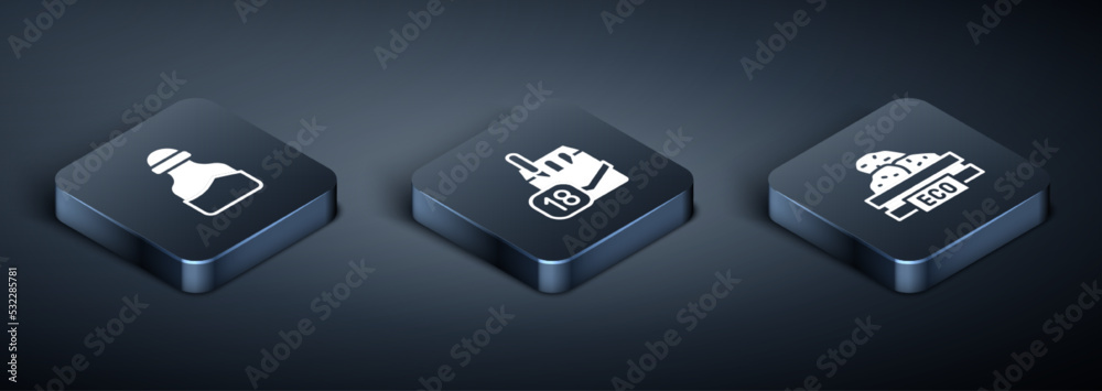 Set Isometric Spice in can, Wooden box for fruits and Cigarettes pack icon. Vector Set Isometric Spice in can, Wooden box for fruits and Cigarettes pack icon. Vector