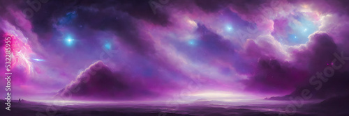 Space background with stardust and shining stars. Fantasy colorful cosmos. Alien planets. Banner size