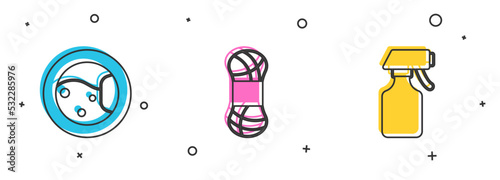 Set Washer, Yarn and Water spray bottle icon. Vector