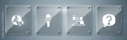 Set Speech bubble chat, Breaking news, Microphone and World. Square glass panels. Vector