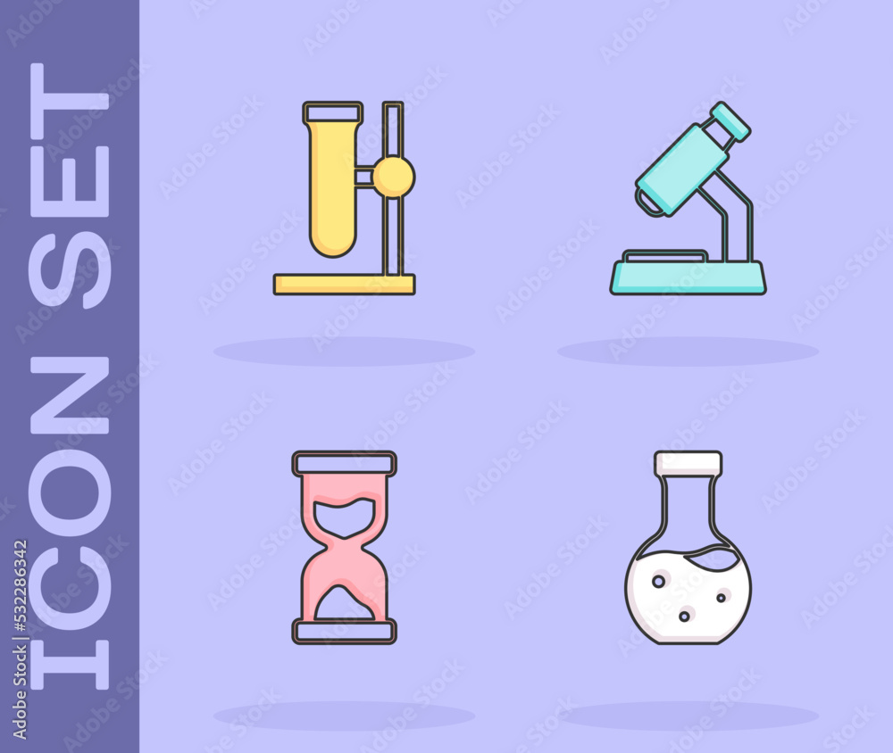 Set Test tube, flask on stand, Old hourglass and Microscope icon. Vector