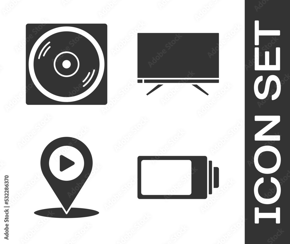 Set Battery charge level indicator, Vinyl disk, Digital media play with location and Smart Tv icon. Vector
