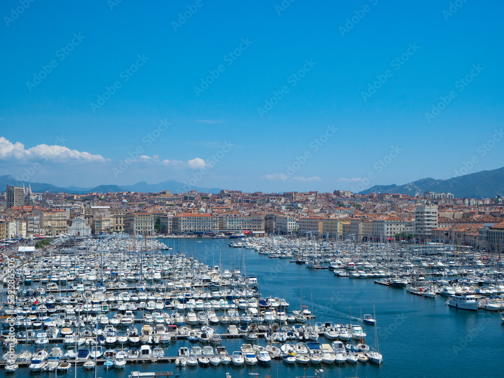 Marseille, France - May 15th 2022: Panoramic view over the famous old harbour