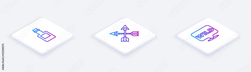 Fototapeta premium Set Isometric line Tequila bottle, Crossed arrows and Pointer to wild west. White square button. Vector