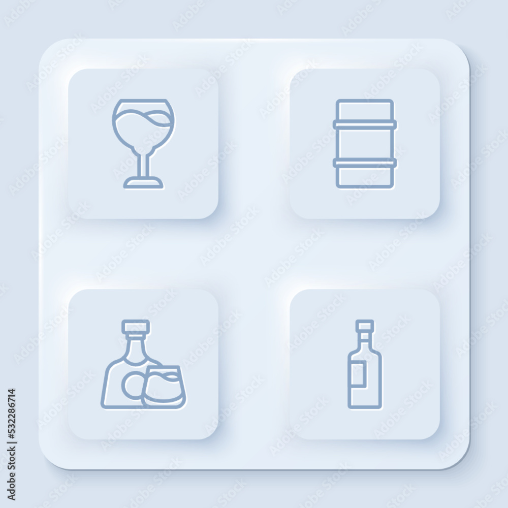 Set line Wine glass, Metal beer keg, Whiskey bottle and and . White square button. Vector Set line Wine glass, Metal beer keg, Whiskey bottle and and . White square button. Vector