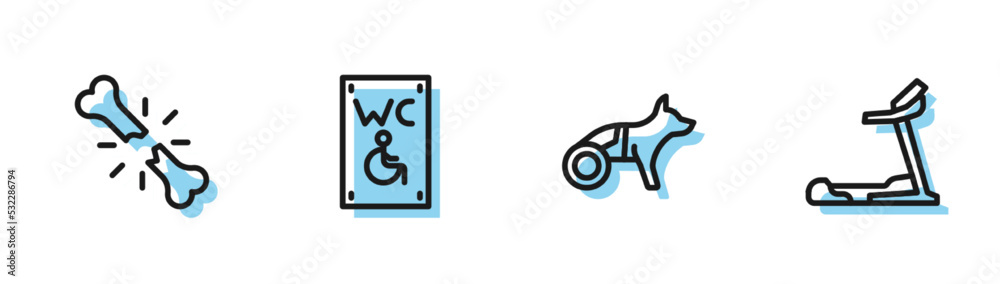 Set line Dog in wheelchair, Human broken bone, Separated toilet for disabled and Treadmill machine icon. Vector Set line Dog in wheelchair, Human broken bone, Separated toilet for disabled and Treadmill machine icon. Vector