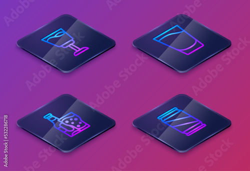 Set Isometric line Wine glass, Beer bottle and, Shot and can. Blue square button. Vector