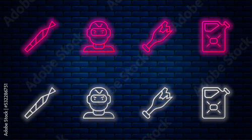 Set line Thief mask, Broken bottle weapon, Marijuana joint and Canister fuel. Glowing neon icon on brick wall. Vector