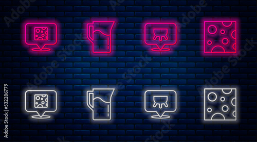 Set line Milk jug or pitcher, Udder, Cheese and . Glowing neon icon on brick wall. Vector