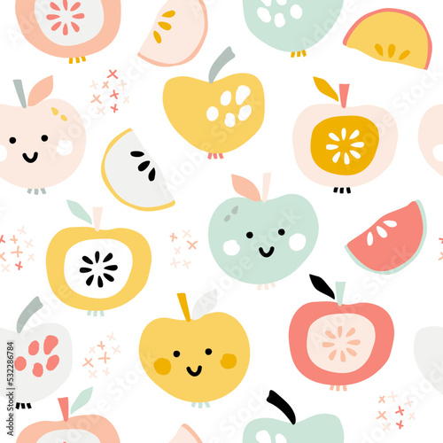 Fruit print on a white background. Cute hand-drawn smiling apples of different shapes and colors. Seamless pattern with food vector illustration for kitchen room wallpaper or towel fabric.