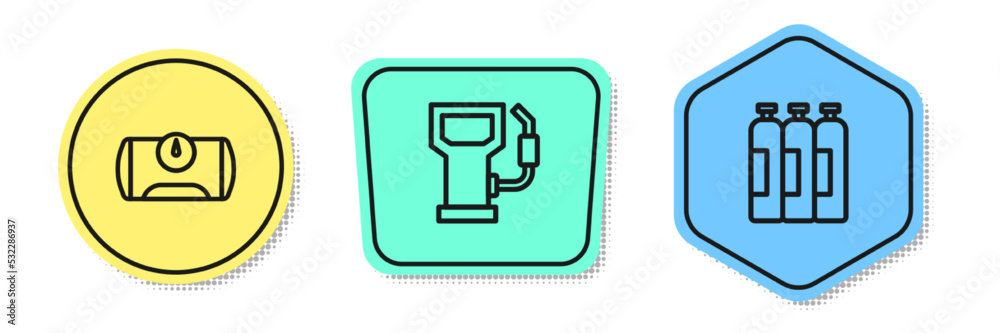 Set line Gas tank for vehicle, Petrol gas station and Industrial cylinder. Colored shapes. Vector Set line Gas tank for vehicle, Petrol gas station and Industrial cylinder. Colored shapes. Vector