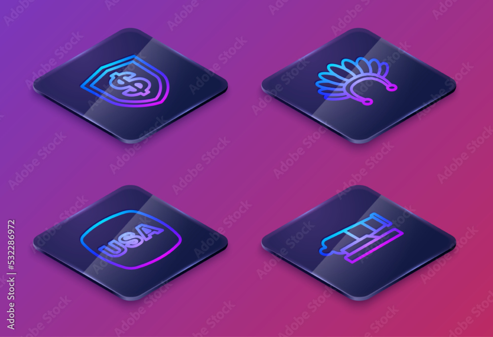 Set Isometric line Shield with dollar, USA Independence day, Indian headdress feathers and Cannon. Blue square button. Vector Set Isometric line Shield with dollar, USA Independence day, Indian headdress feathers and Cannon. Blue square button. Vector