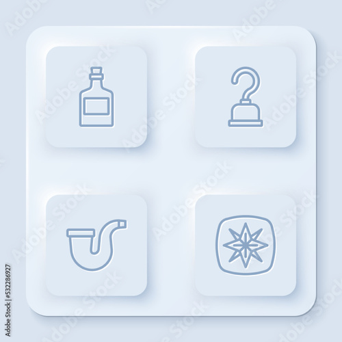 Set line Alcohol drink Rum, Pirate hook, Smoking pipe and Wind rose. White square button. Vector