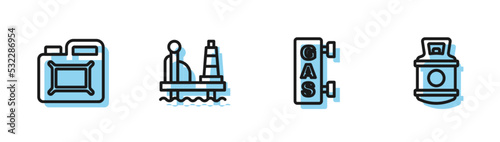 Set line Gas filling station, Canister for motor oil, Oil platform the sea and Propane gas tank icon. Vector