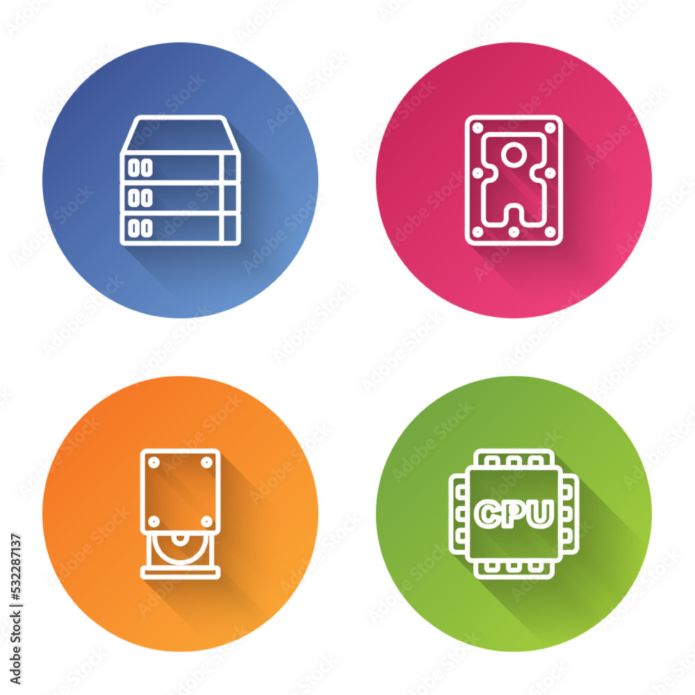 Set line Server, Data, Web Hosting, Hard disk drive HDD, Optical disc and Processor with CPU. Color circle button. Vector Set line Server, Data, Web Hosting, Hard disk drive HDD, Optical disc and Processor with CPU. Color circle button. Vector