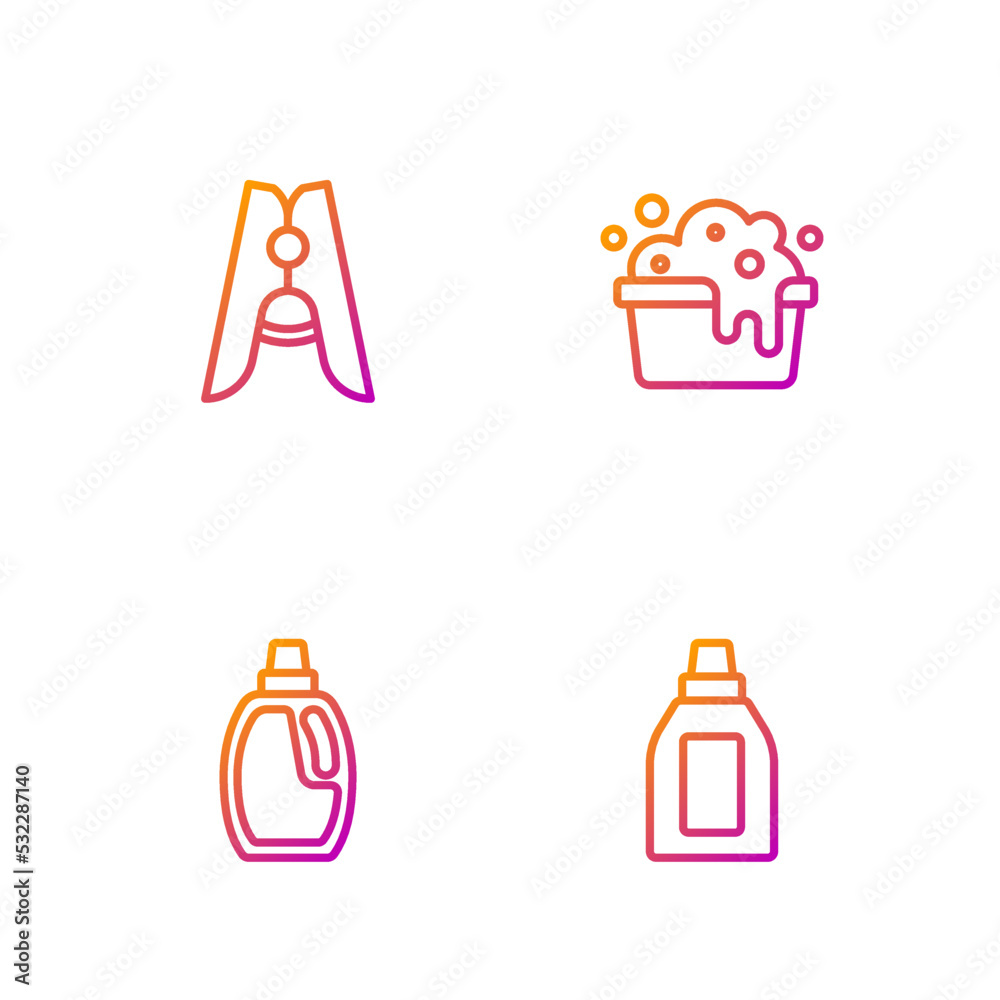 Set line Bottle for cleaning agent, , Clothes pin and Basin with soap suds. Gradient color icons. Vector Set line Bottle for cleaning agent, , Clothes pin and Basin with soap suds. Gradient color icons. Vector