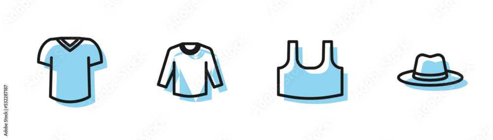 Set line Undershirt, T-shirt, Sweater and Man hat icon. Vector Set line Undershirt, T-shirt, Sweater and Man hat icon. Vector