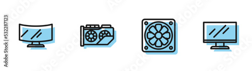 Set line Computer cooler, monitor screen, Video graphic card and icon. Vector