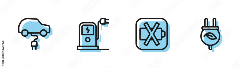 Set line Low battery, Electric car, charging station and saving plug leaf icon. Vector Set line Low battery, Electric car, charging station and saving plug leaf icon. Vector