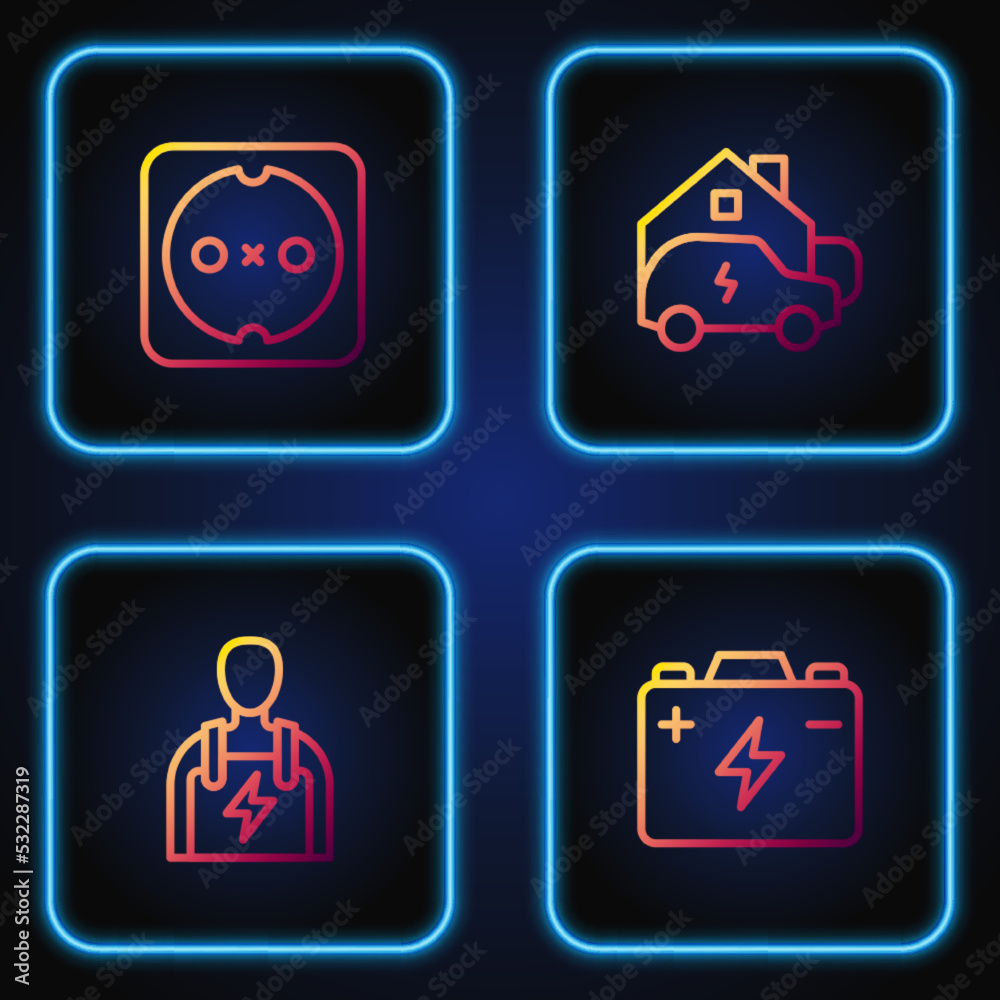 Set line Car battery, mechanic, Electrical outlet and Charging car home. Gradient color icons. Vector Set line Car battery, mechanic, Electrical outlet and Charging car home. Gradient color icons. Vector