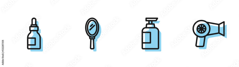 Set line Bottle of shampoo, Oil bottle, Hand mirror and Hair dryer icon. Vector Set line Bottle of shampoo, Oil bottle, Hand mirror and Hair dryer icon. Vector