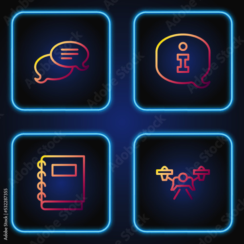 Set line Drone, Notebook, Speech bubble chat and Information. Gradient color icons. Vector