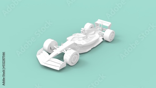 3D rendering of a fast modern aerodynamic efficient innovative race automobile car. Render in blank empty space model studio. Fast technical turbo transport vehicle.