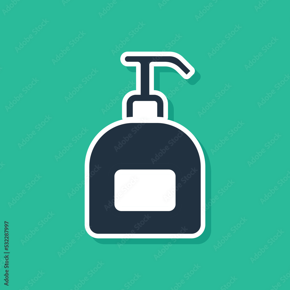 Obraz premium Blue Bottle of liquid antibacterial soap with dispenser icon isolated on green background. Antiseptic. Disinfection, hygiene, skin care. Vector