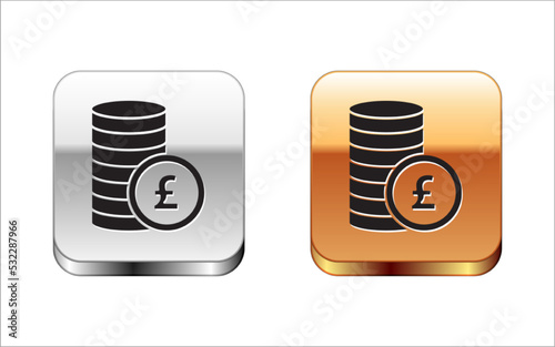 Black Coin money with pound sterling symbol icon isolated on white background. Banking currency sign. Cash symbol. Silver-gold square button. Vector