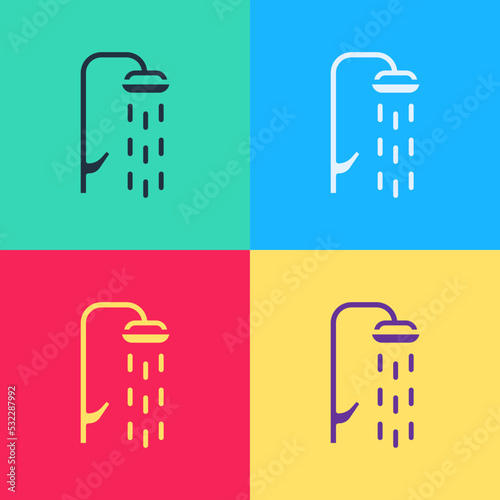 Pop art Shower head with water drops flowing icon isolated on color background. Vector