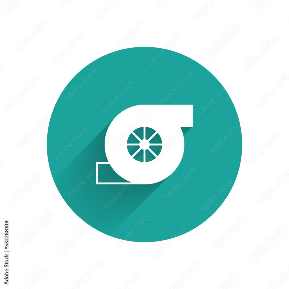 White Automotive turbocharger icon isolated with long shadow. Vehicle performance turbo. Turbo compressor induction. Green circle button. Vector White Automotive turbocharger icon isolated with long shadow. Vehicle performance turbo. Turbo compressor induction. Green circle button. Vector