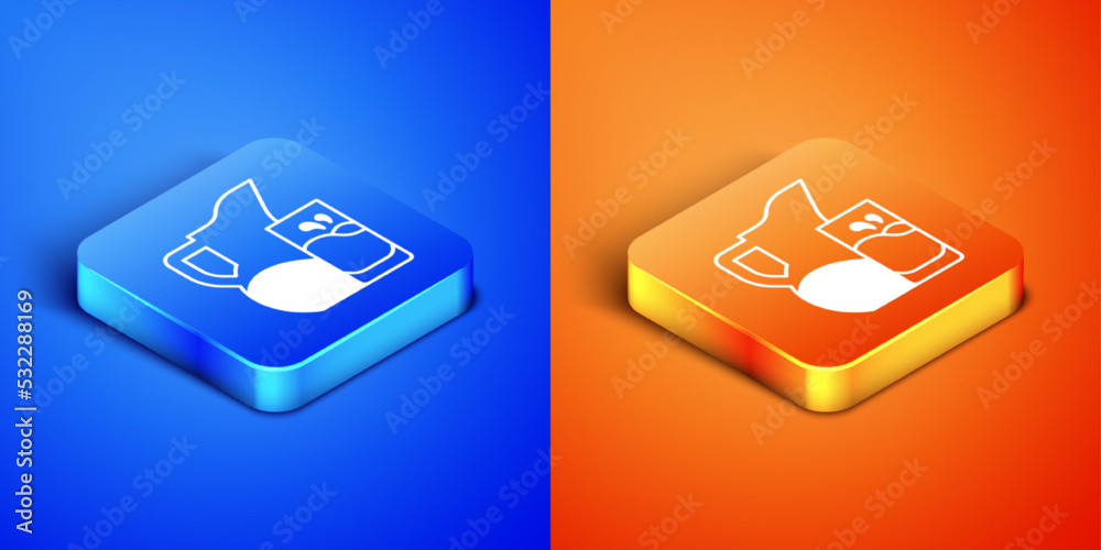 Isometric Milk jug or pitcher and glass icon isolated on blue and orange background. Square button. Vector Isometric Milk jug or pitcher and glass icon isolated on blue and orange background. Square button. Vector
