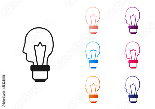 Black Light bulb with concept of idea icon isolated on white background. Energy and idea symbol. Inspiration concept. Set icons colorful. Vector