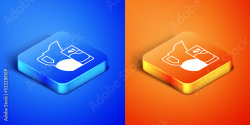 Isometric Milk jug or pitcher and glass icon isolated on blue and orange background. Square button. Vector