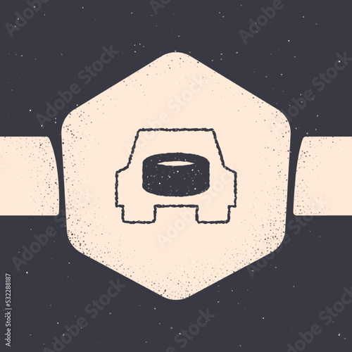 Grunge Spare wheel in the car icon isolated on grey background. Process of replacing the wheel. Storage location of the spare wheel in the trunk. Monochrome vintage drawing. Vector