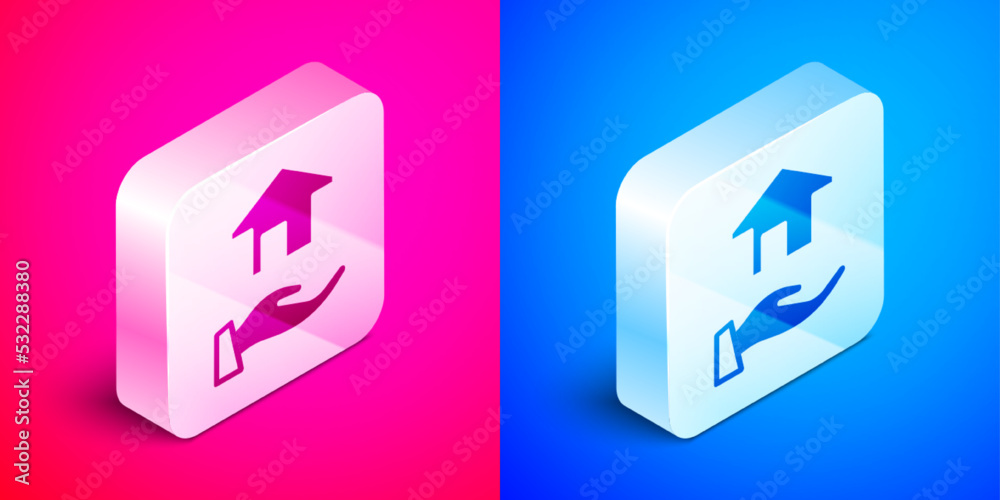 Isometric Realtor icon isolated on pink and blue background. Buying house. Silver square button. Vector