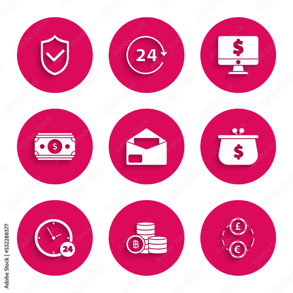 Set Envelope, Cryptocurrency coin Bitcoin, Money exchange, Wallet with with dollar symbol, Clock 24 hours, Stacks paper money cash, Computer monitor and Shield check mark icon. Vector Set Envelope, Cryptocurrency coin Bitcoin, Money exchange, Wallet with with dollar symbol, Clock 24 hours, Stacks paper money cash, Computer monitor and Shield check mark icon. Vector