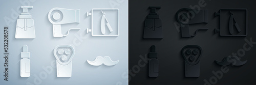 Set Electrical hair clipper or shaver, Barbershop with razor, Glass bottle pipette, Mustache, Hair dryer and Aftershave icon. Vector