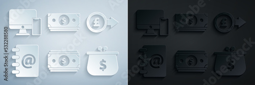 Set Stacks paper money cash, Coin with pound sterling symbol, Address book, Wallet dollar, and Computer monitor and mobile phone icon. Vector
