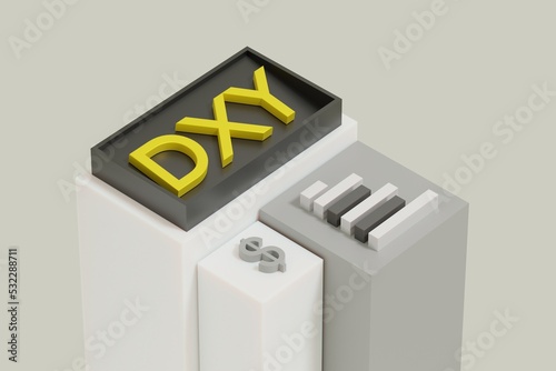 The DXY index shows the ratio of the US currency to a basket of foreign currencies, the value on the black box, 3D rendering