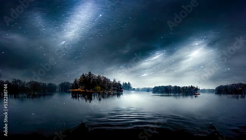 Dark night with stars by the lake