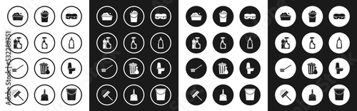 Set Sponge, Cleaning spray bottle with detergent liquid, Plastic bottles for dishwashing, basin soap suds, Bucket foam and bubbles, Toilet bowl and brush icon. Vector