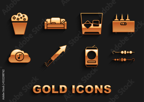 Set Firework rocket, Bottles of wine in a wooden box, Grilled shish kebab, Beer can, Music streaming service, Glass whiskey and cubes, Popcorn cardboard and Sofa icon. Vector