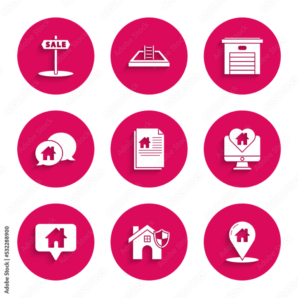 Set House contract, with shield, Map pointer house, Monitor heart shape, building speech bubble, Garage and Hanging sign text Sale icon. Vector Set House contract, with shield, Map pointer house, Monitor heart shape, building speech bubble, Garage and Hanging sign text Sale icon. Vector